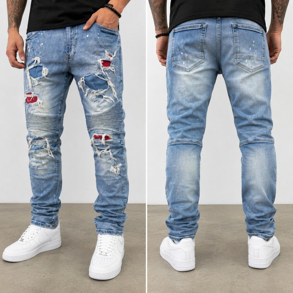 Smoke Rise Distressed Biker Jeans 42x32 Light Wash Ripped Moto Denim